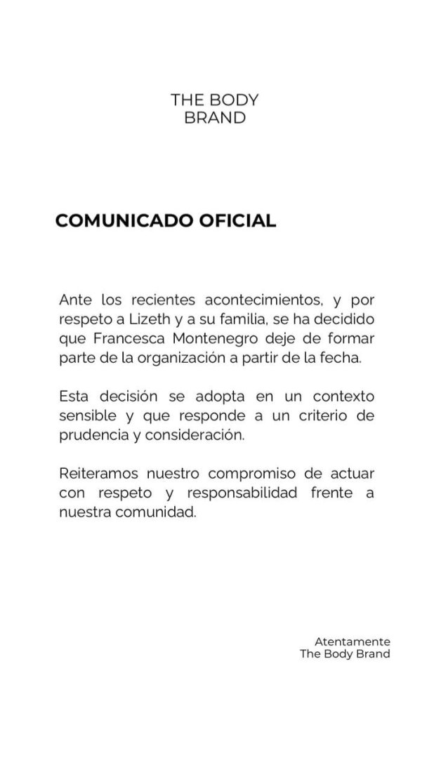 Comunicado de la empresa The Body Brand