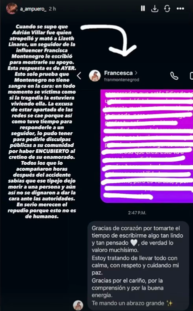 Francesca Montenegro responde a seguidora tras muerte de Lizeth Marzano.