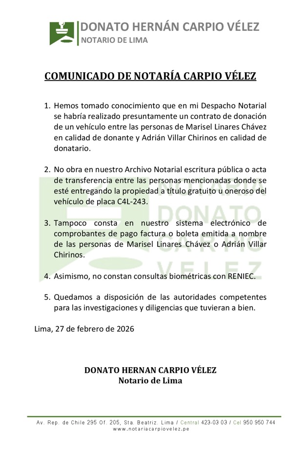 Comunicado de la Notaría Carpio Vélez.