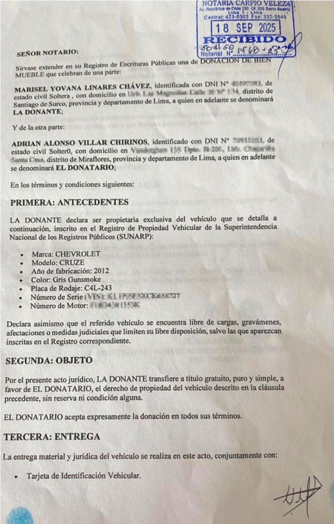 Documento notarial que acreditaba la donación del vehículo