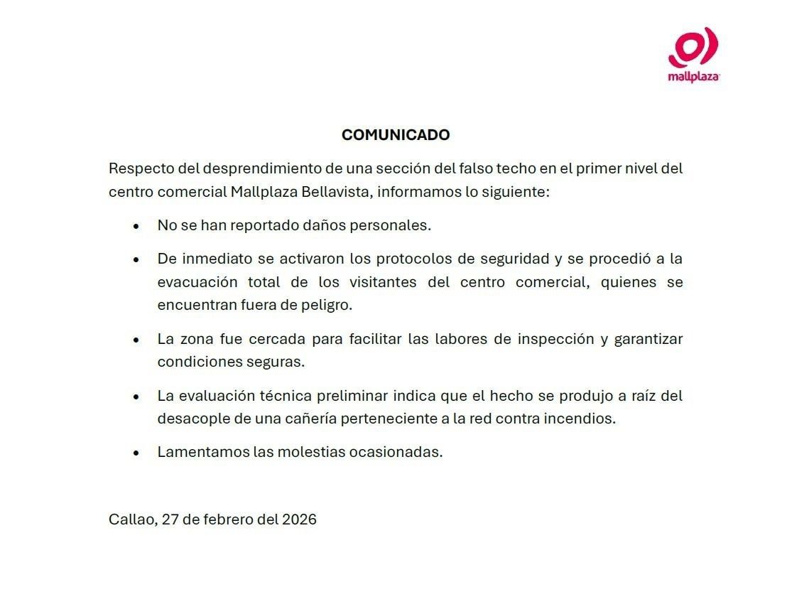 Comunicado del Mall Aventura Plaza Bellavista