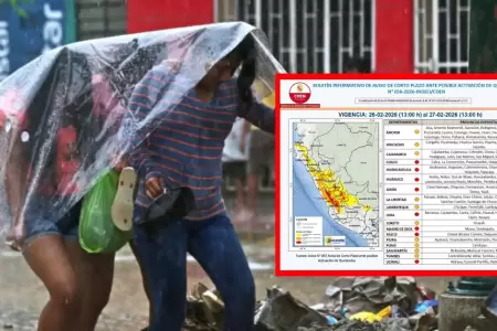 Lluvias intensas golpear�n 17 regiones hasta el viernes 27 de febrero