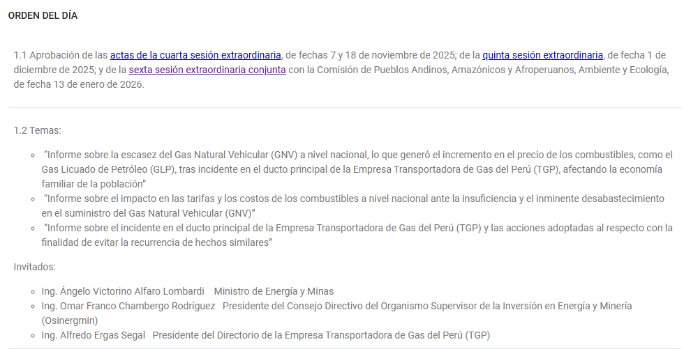 Agenda de la Comisi�n de Energ�a y Minas.