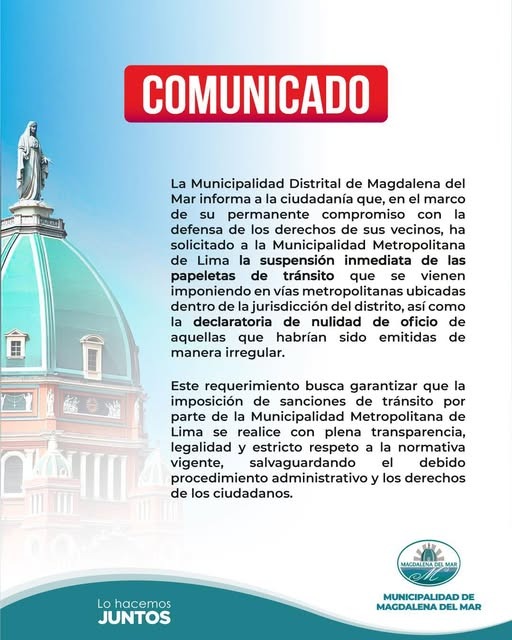 Magdalena pide a la MML dejar de imponer multas en su distrito.