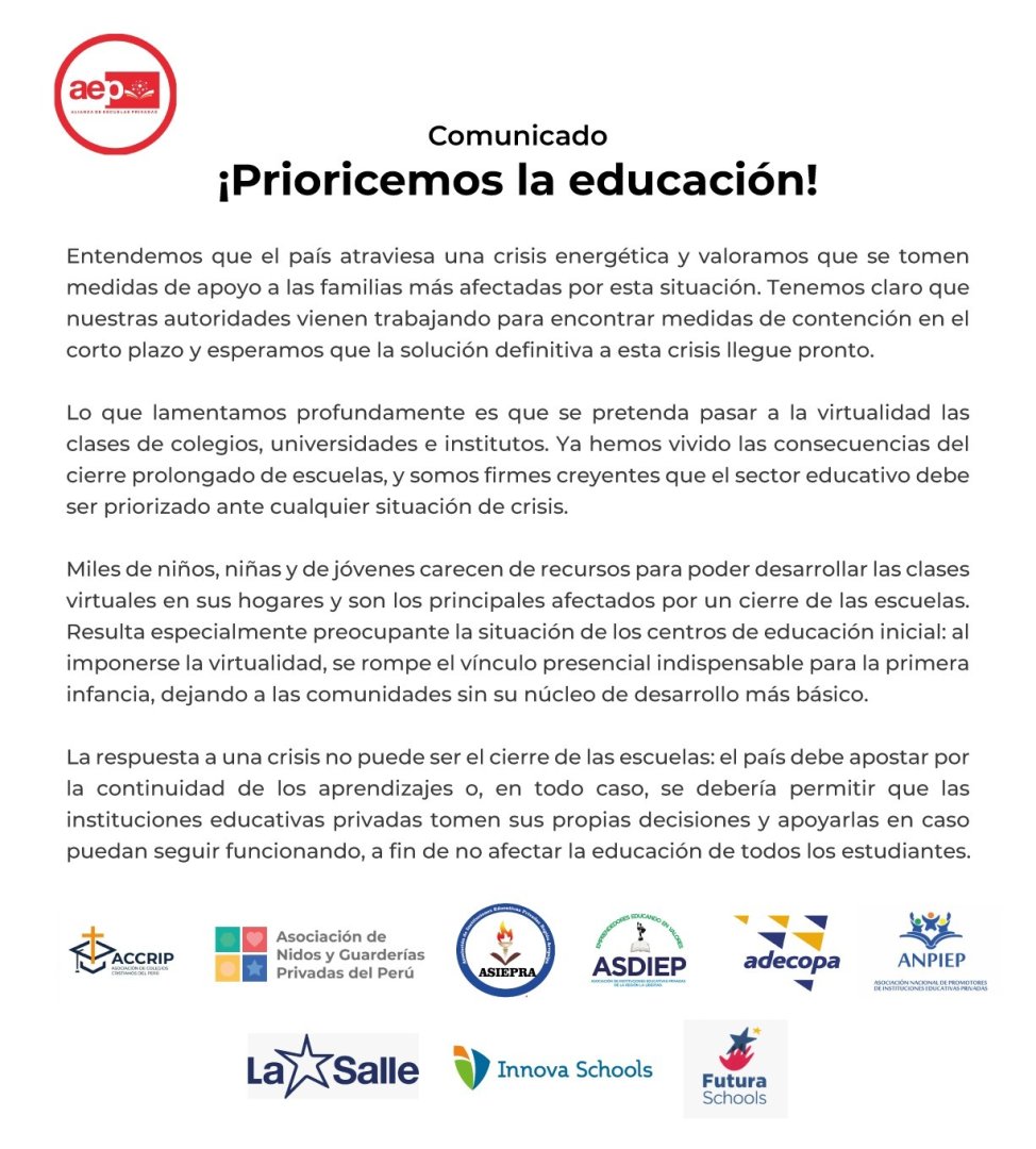 Alianza de Escuelas Privadas emiti� un comunicado exhortando al Ejecutivo a priorizar la educaci�n presencial.