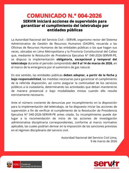 Comunicado emitido por Servir.