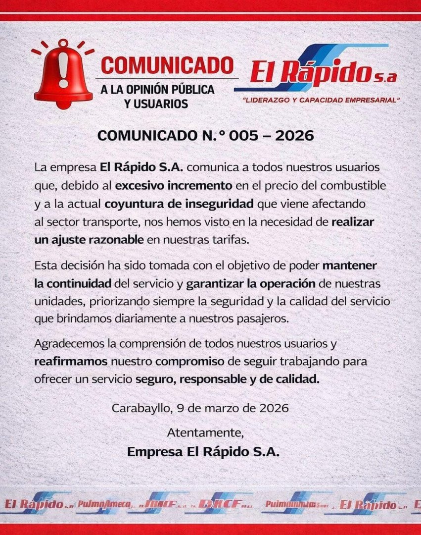 El R�pido sube precio de pasajes ante alza de precios de combustibles