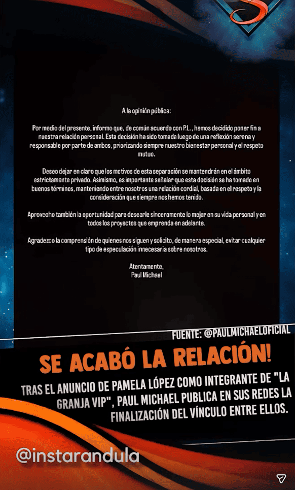 Comunicado en el que Paul Michael anuncia el fin de su relaci�n con Pamela L�pez