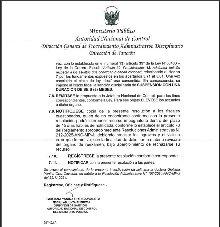 ANC del Ministerio P�blico ordena suspensi�n de Rafael Vela por seis meses.