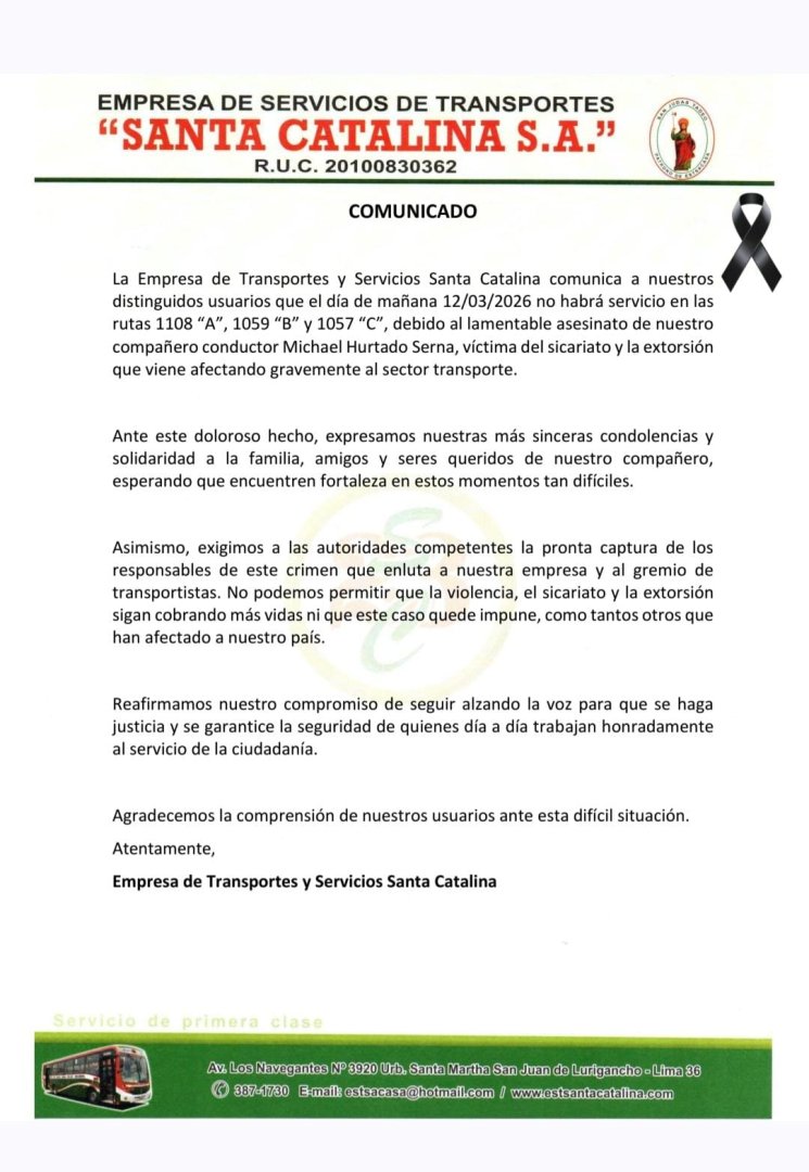 Santa Catalina paraliza sus labores tras asesinato de su conductor.