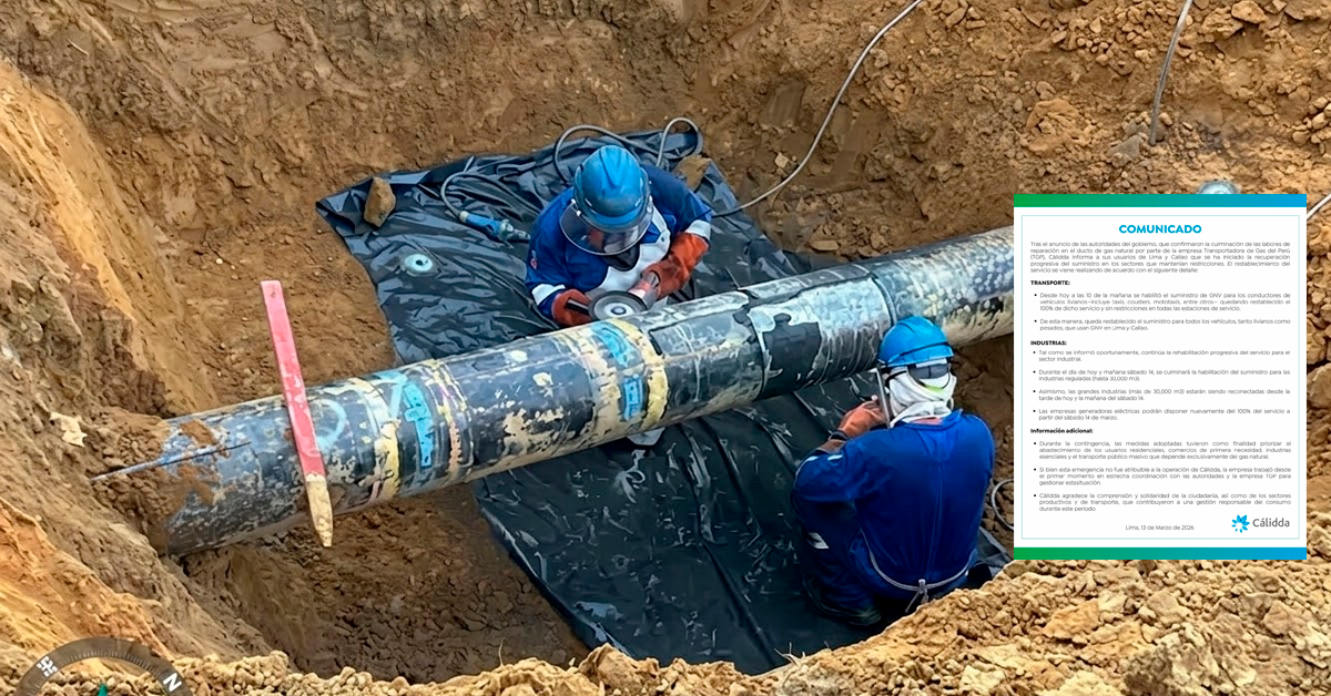 Gas natural en Lima: Cálidda anuncia recuperación del suministro tras reparaciones en el ducto de TGP