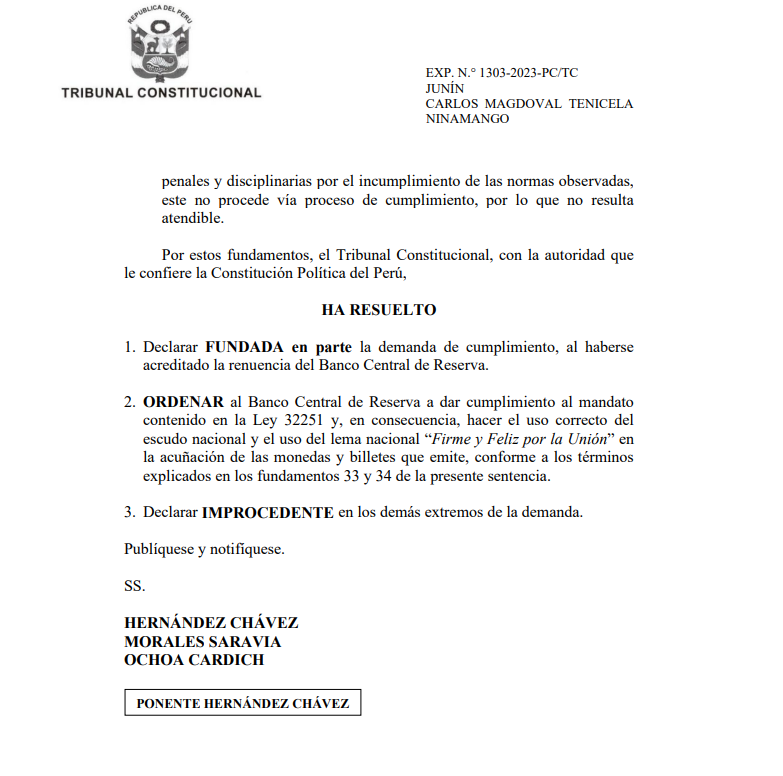 Fallo inicial del TC que ordenaba la modificatoria del dise�o y dimensiones de la moneda nacional.