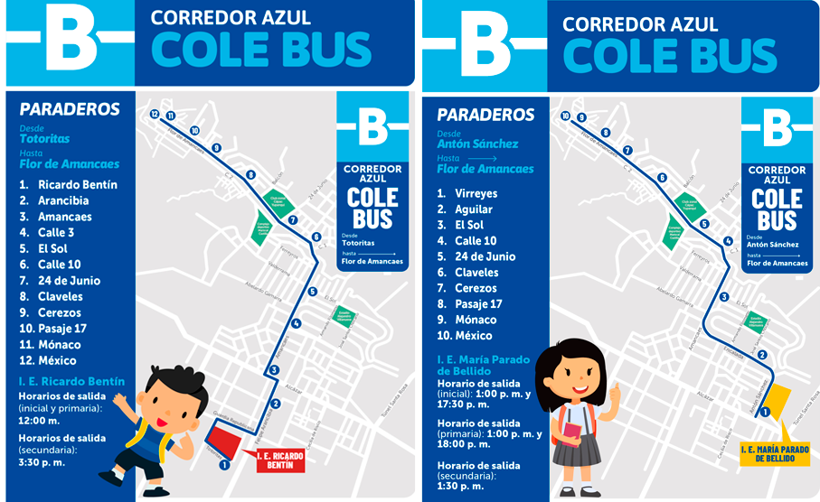 Recorridos del Cole Bus en paraderos cercanos a los colegios Ricardo Bentín y María Parado de Bellido.