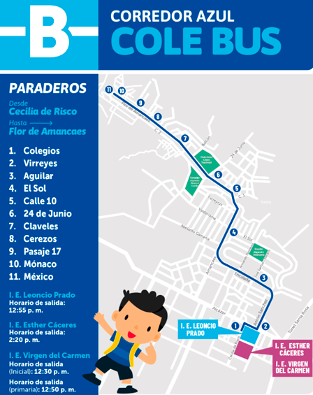 Horario de recorrido en paraderos cerca de las I. E. Esther Cáceres, Leoncio Prado y Virgen del Carmen.