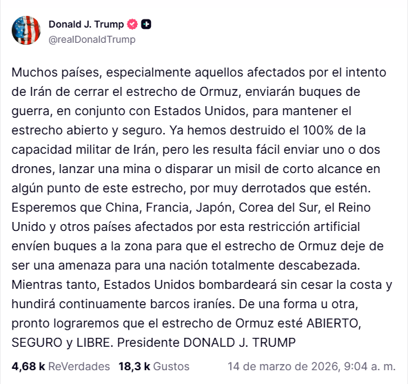 Mensaje de Donald Trump por Truth Social
