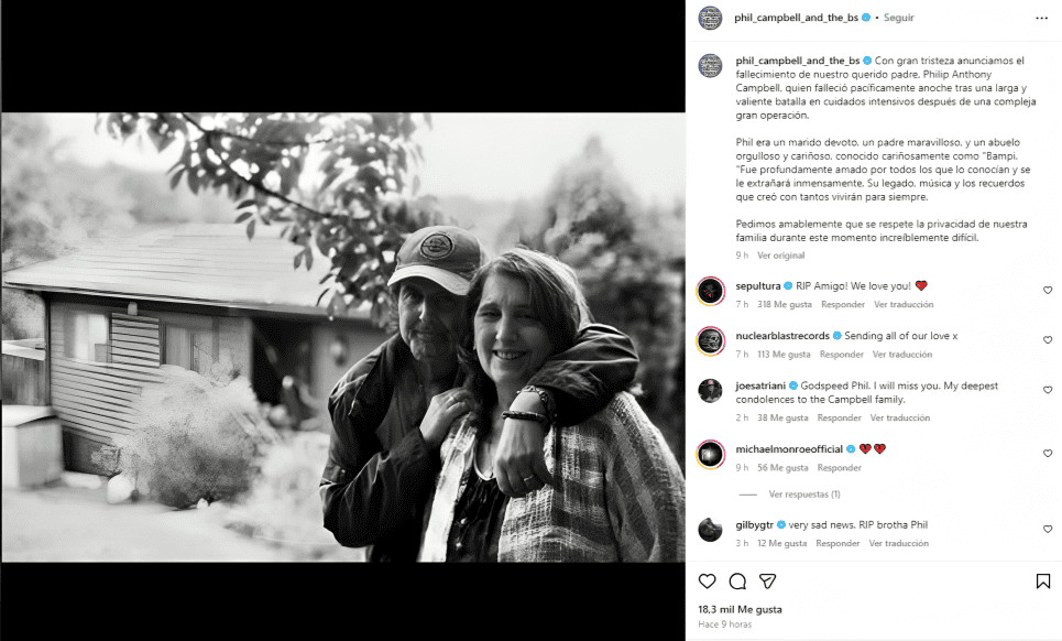Mensaje compartido por la familia de Phill Campbell en las redes sociales