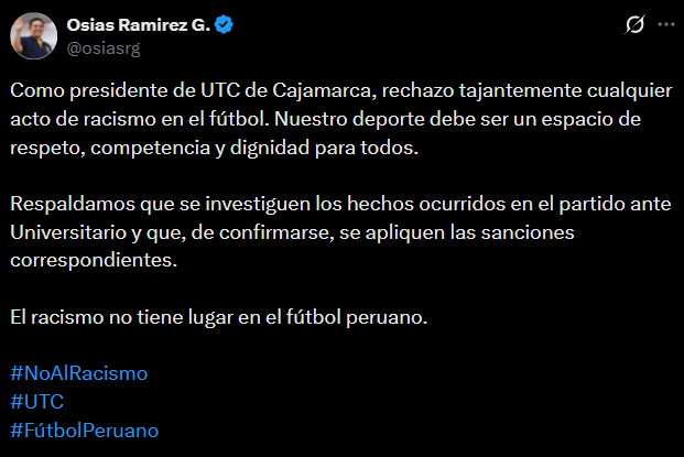 UTC y su exigencia tras presuntos actos racistas en el Monumental