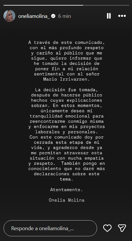 Onelia confirma su separaci�n con Mario Irivarren