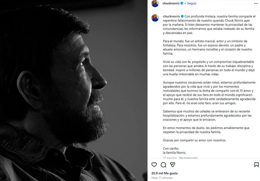 Confirman muerte del famoso actor Chuck Norris.