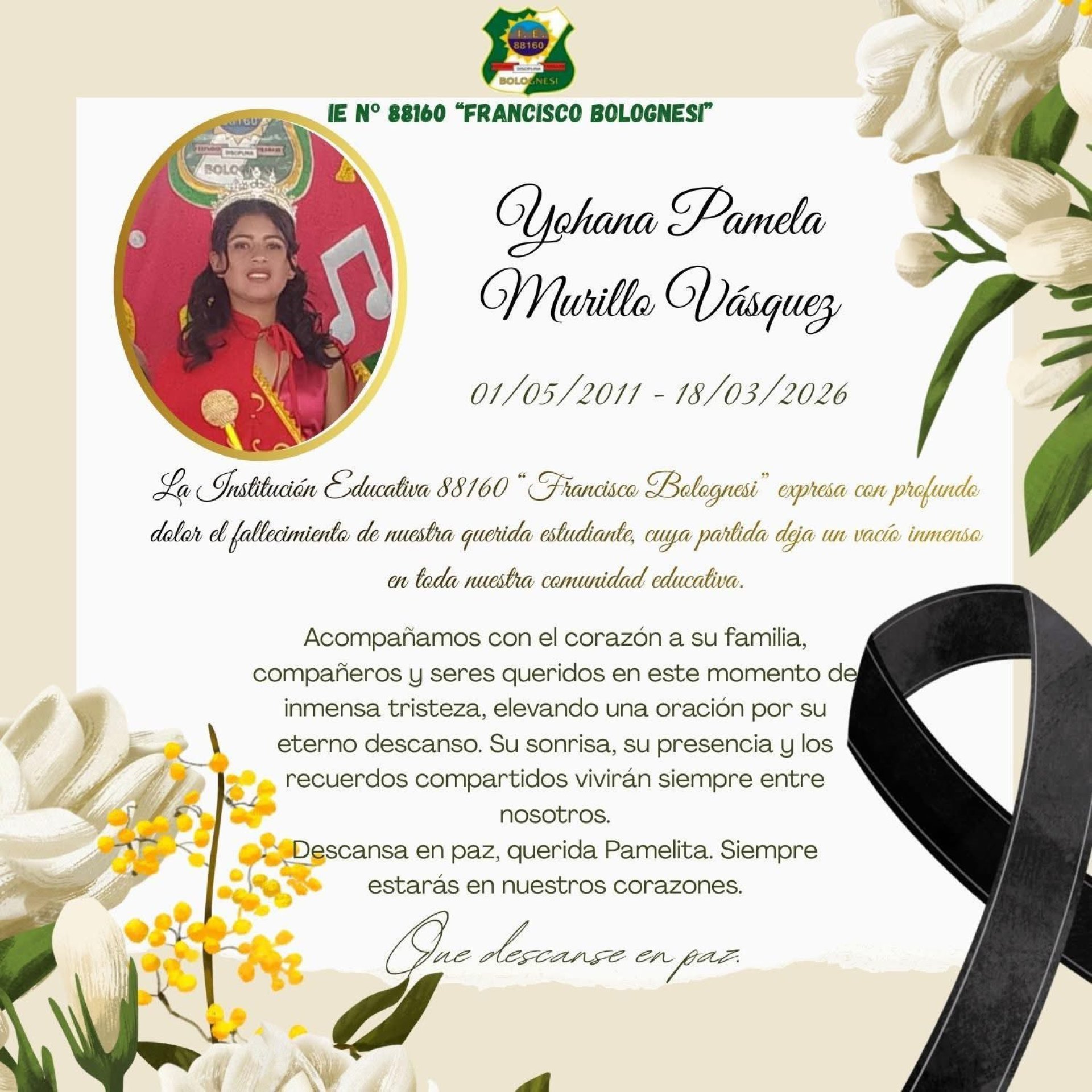 Condolencias emitida por la institución educativa