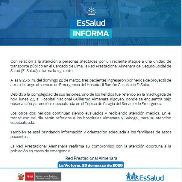 EsSalud informa del estado de salud de 3 heridos