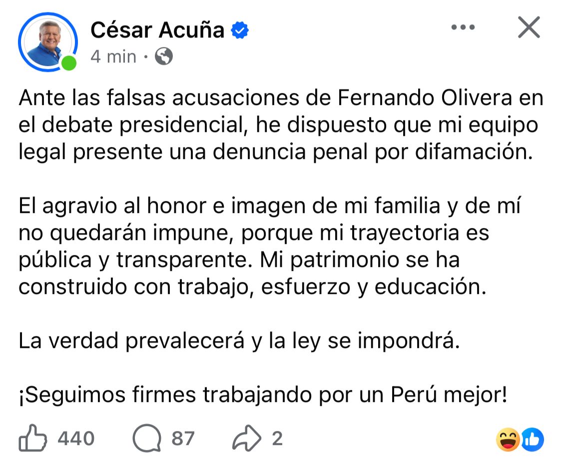C�sar Acu�a demandar� por difamaci�n a Fernando Olivera tras el debate presidencial.