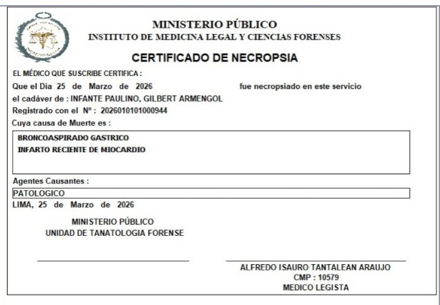 Parte médico revela que Gilbert Infante murió de un infarto al miocardio.