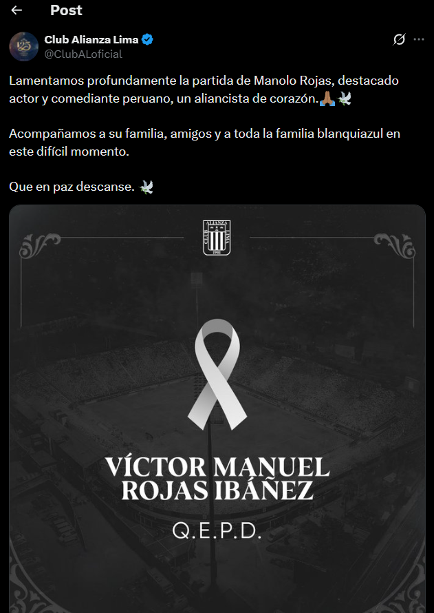 Alianza Lima lamenta la muerte de Manolo Rojas con emotivo mensaje