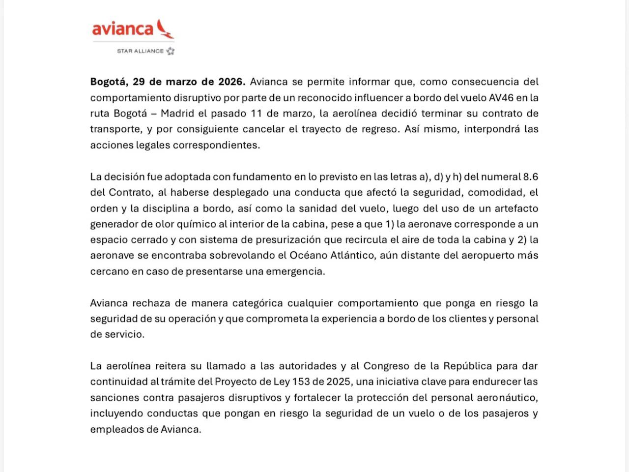 Comunicado de Avianca.