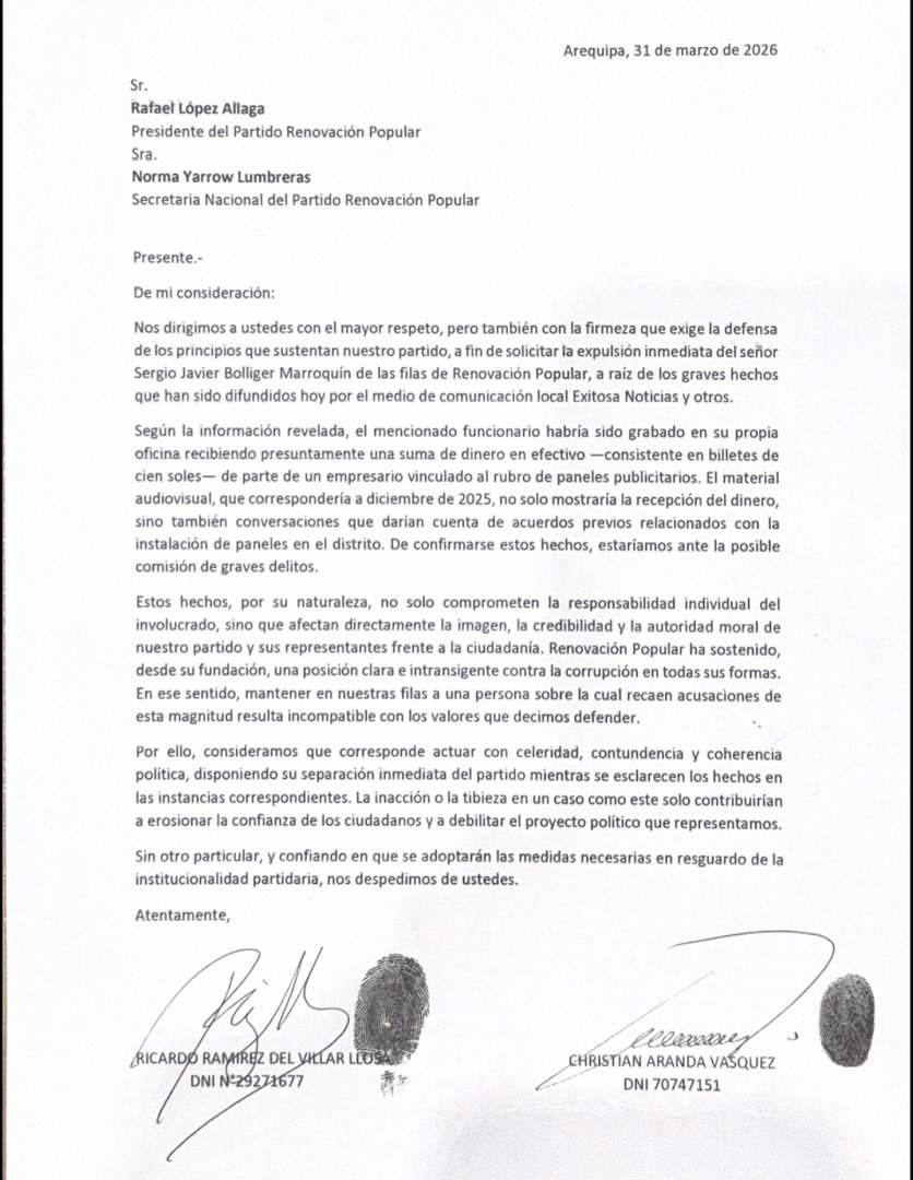 Carta de candidatos de Renovaci�n Popular solicitando la expulsi�n del alcalde al partido.