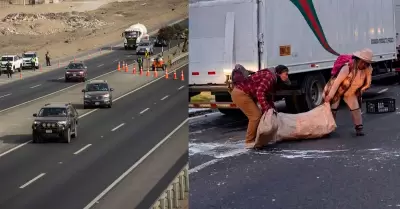 Tarros de leche quedaron esparcidos sobre la pista luego del accidente del tr�il