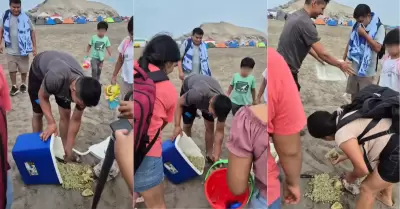 Familia lleva arroz con pollo a la playa y se le cae