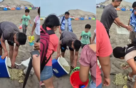 Familia lleva arroz con pollo a la playa y se le cae