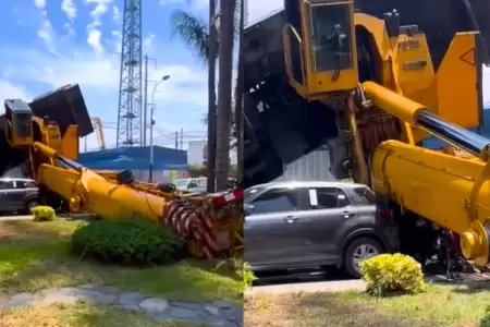 Gr�a se cae y aplasta tres veh�culos en Surco: Conductor salva de morir.
