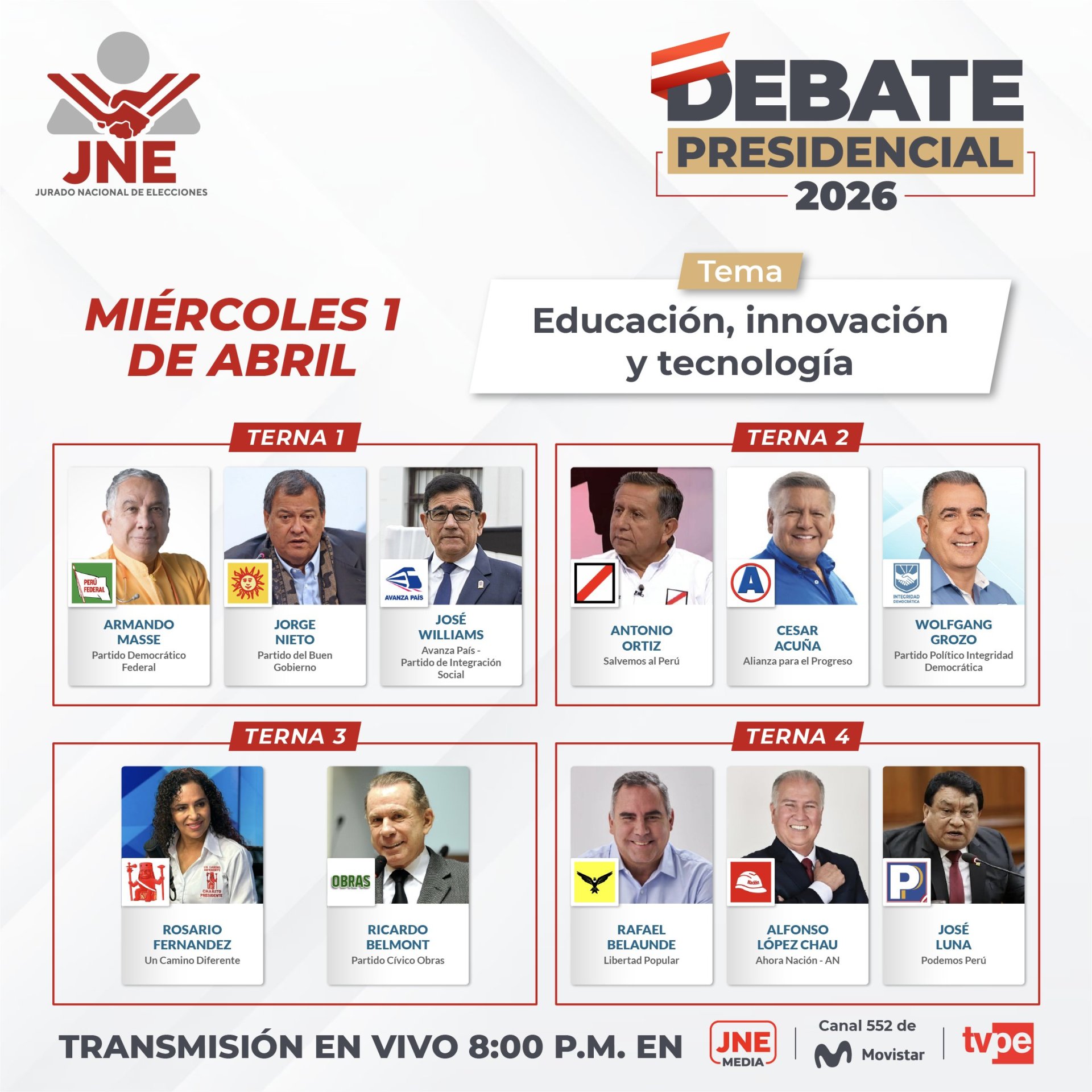 Candidatos presidenciales para la ronda de debates del 1 de abril