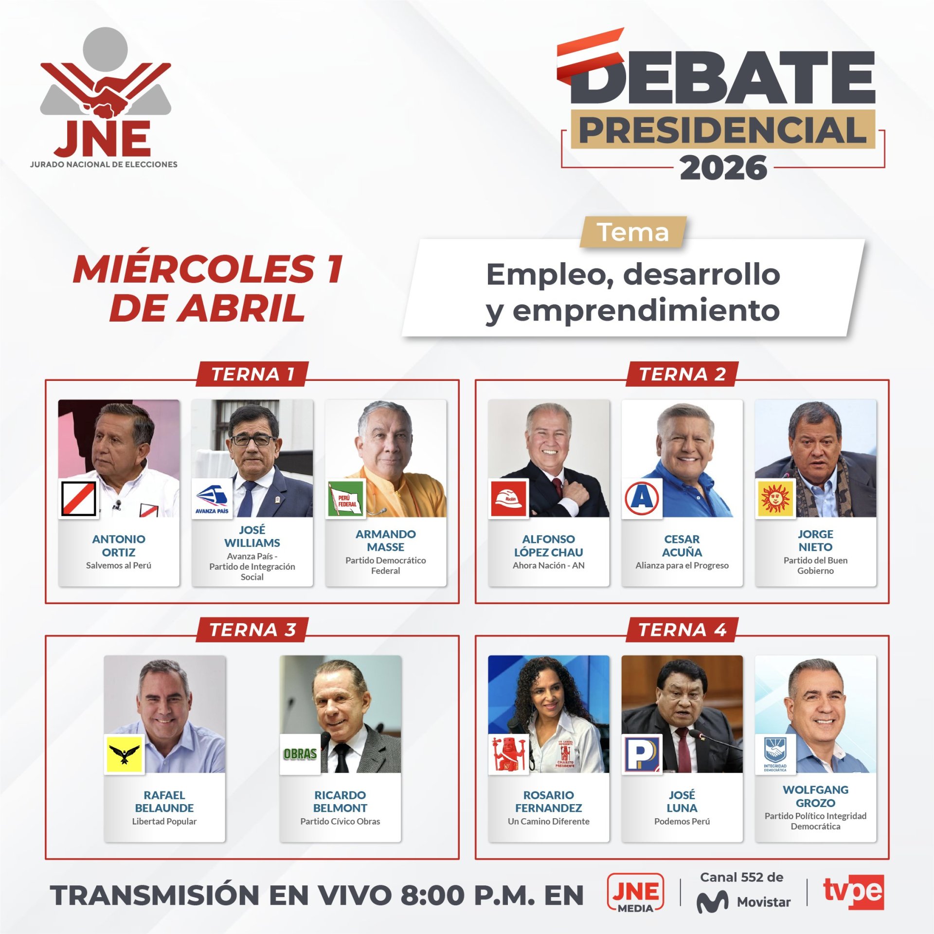 Candidatos presidenciales para la ronda de debates del 1 de abril