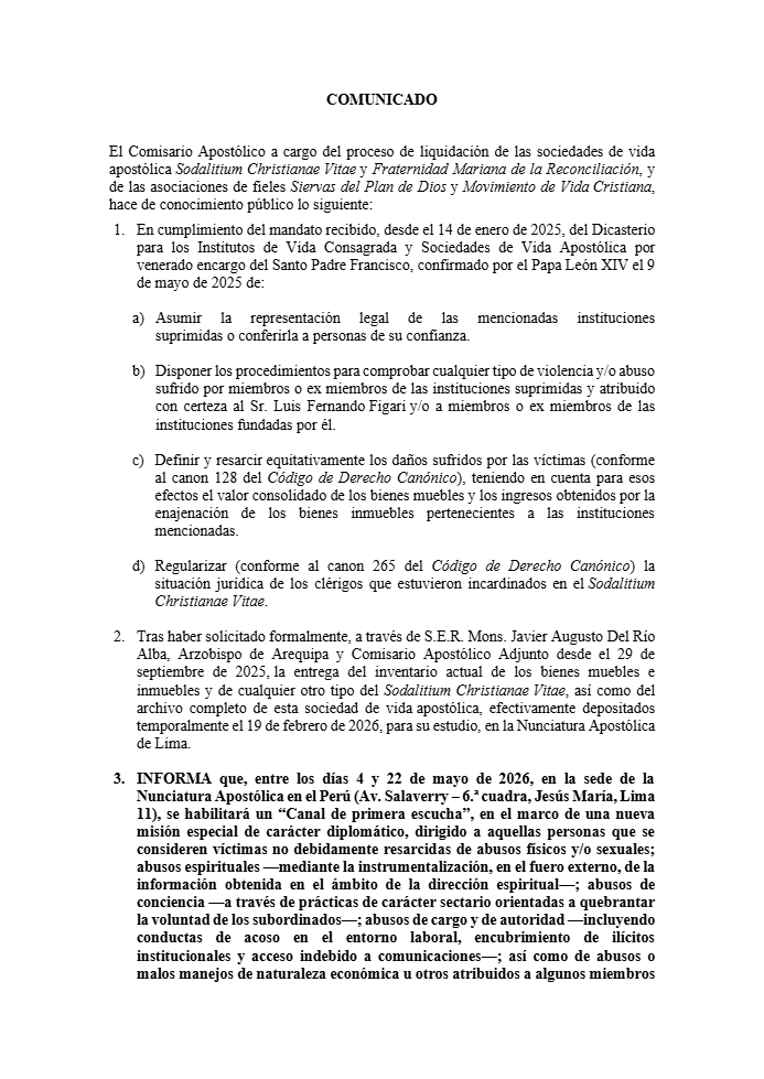 Comunicado del Comisario Apost�lico.