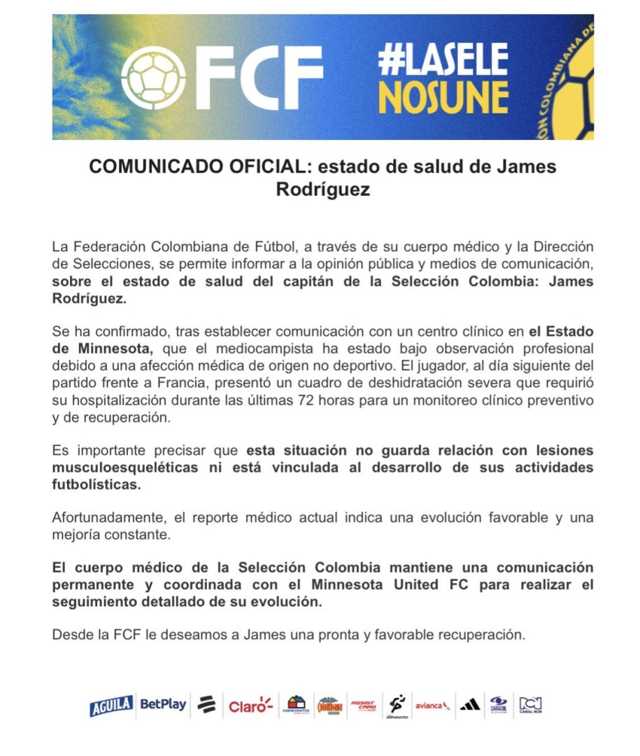 Comunicado de la FCF sobre el estado de salud de James Rodr�guez.