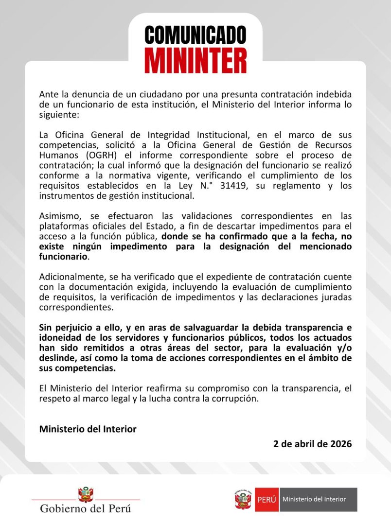 Comunicado del Mininter.