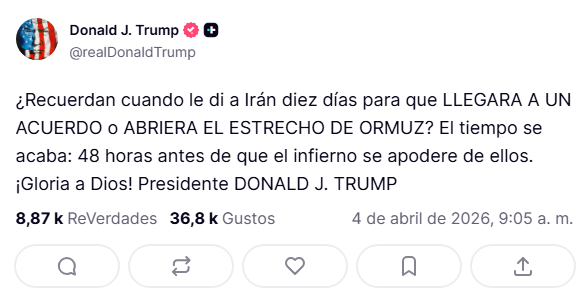 Mensaje de Donald Trump dirigido a Irán en su cuenta oficial de Truth Social