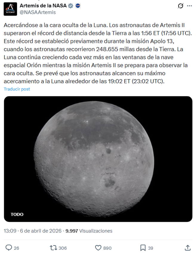 Publicaci�n de la NASA en la que detalla el r�cord superado por Artemis II