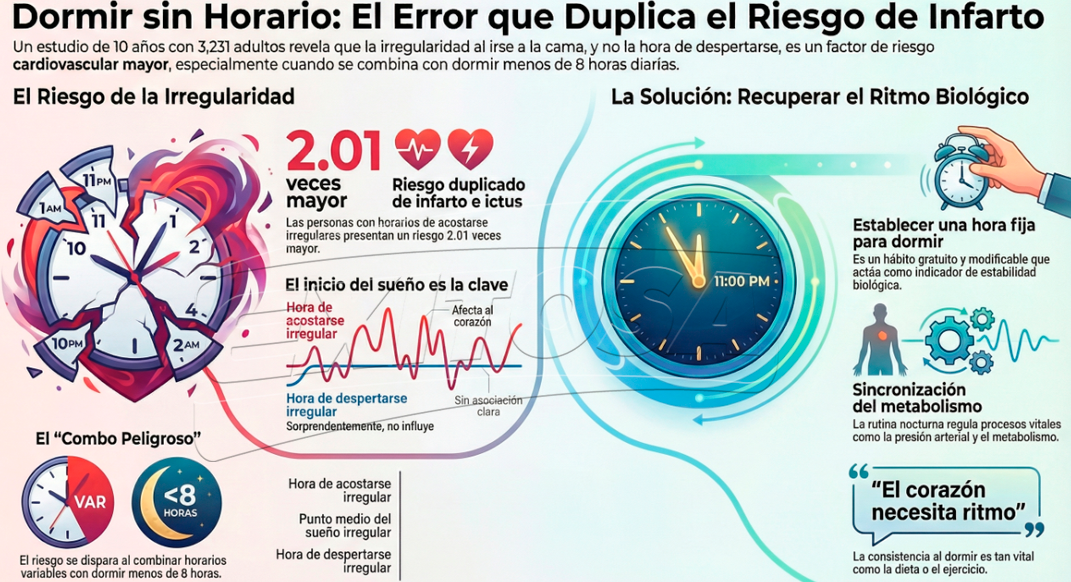 Variar la hora de acostarse puede duplicar la probabilidad de sufrir infartos.