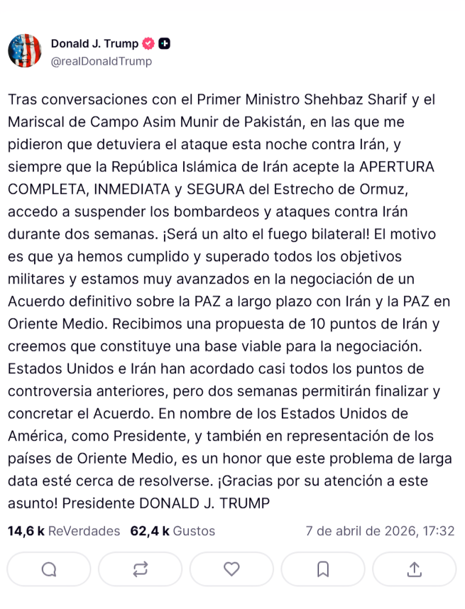 Publicaci�n de Donald Trump en su cuenta de Truth Social