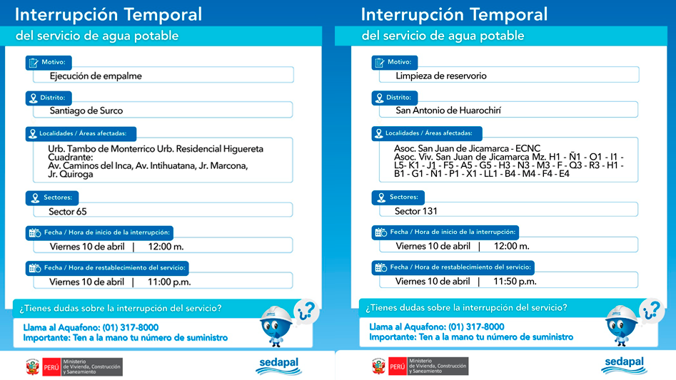 Corte de agua en Surco y San Antonio de Huarochirí.