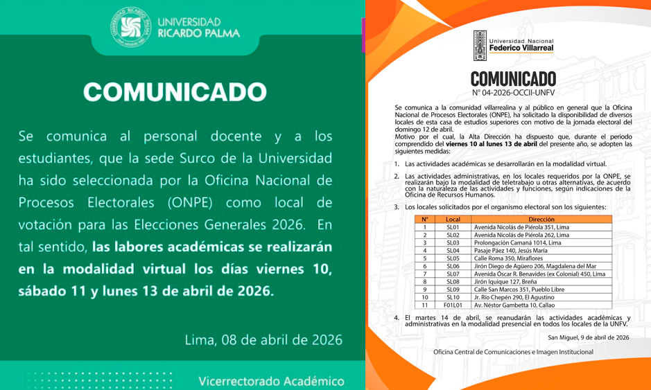 Universidad Ricardo Palma y la UNFV suspenden clases.
