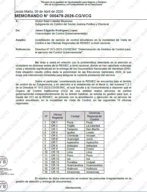 Contralor�a dispuso el control fiscalizador en oficinas del Reniec a nivel nacional por demoras en entrega del DNI.