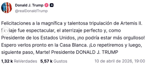 Trump felicit� a los astronautas de Artemis II tras su regreso a la Tierra