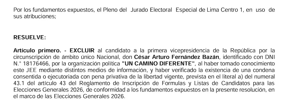 JNE ratific� la exclusi�n de Fern�ndez.