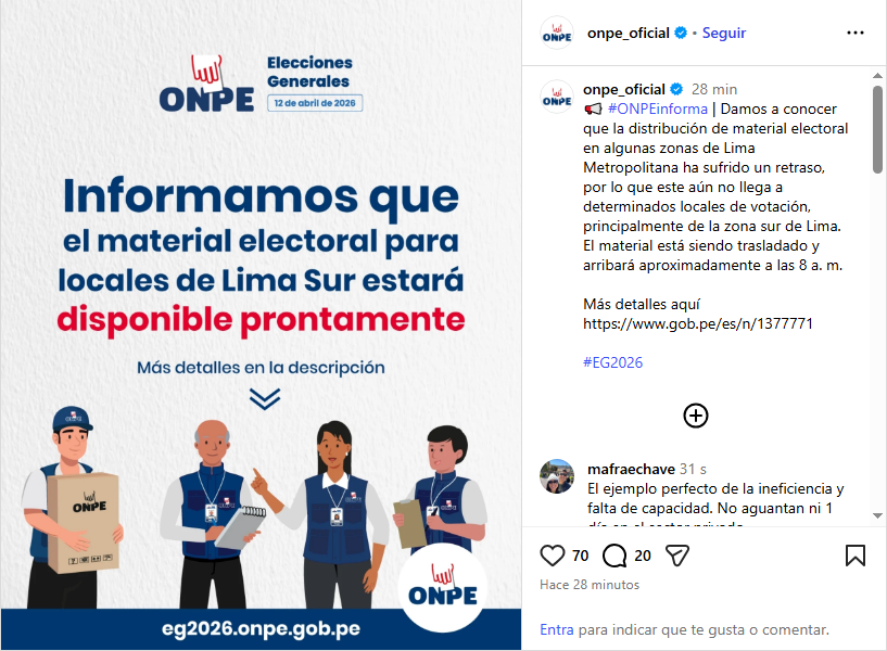 Onpe asegura que la distribuci�n de materiales en algunas zonas de Lima presenta retrasos.