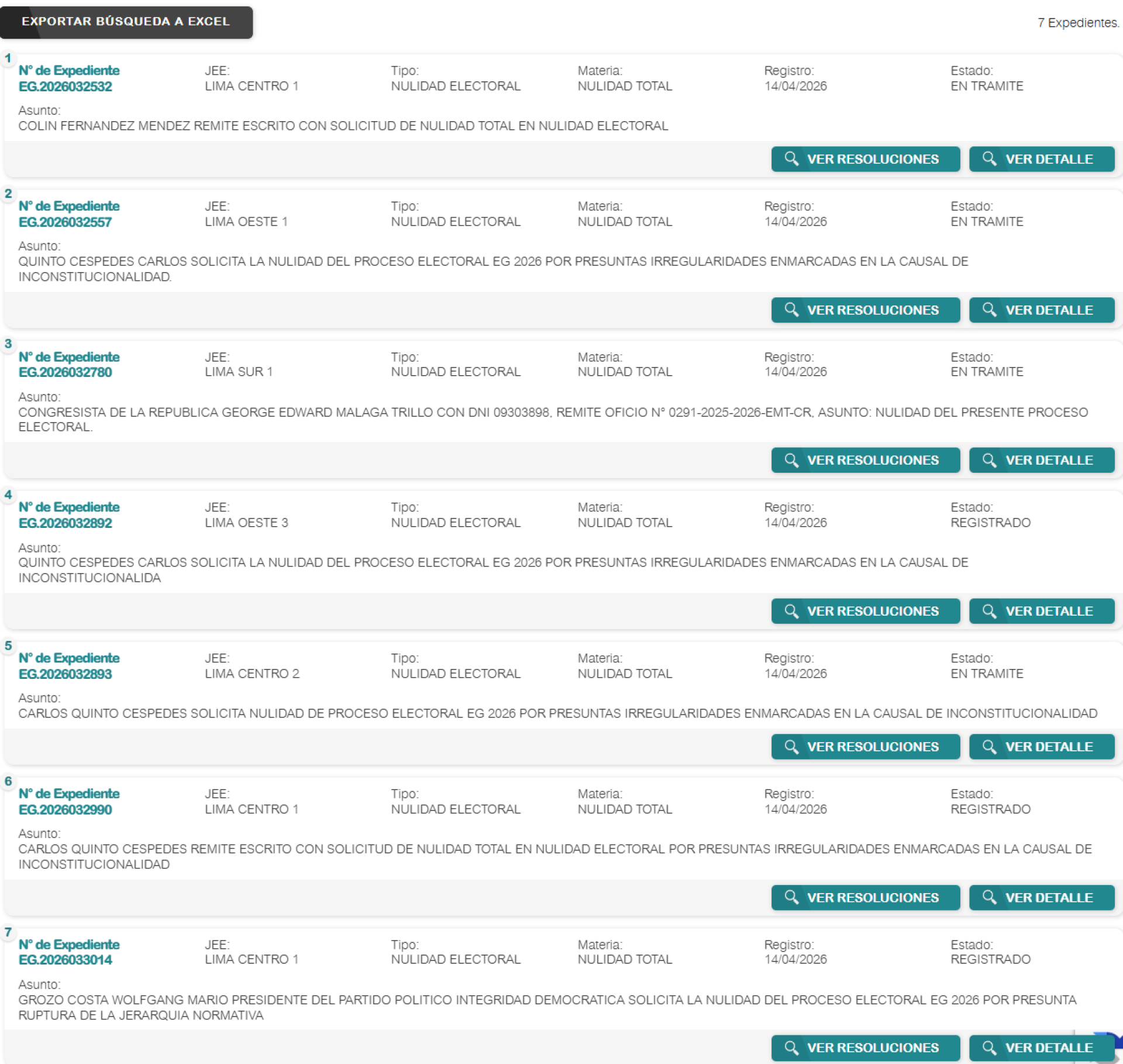 Son 7 las solicitudes que recibe el Jurado Nacional de Elecciones (JNE) para declarar la nulidad total de Elecciones 2026, hasta el momento.